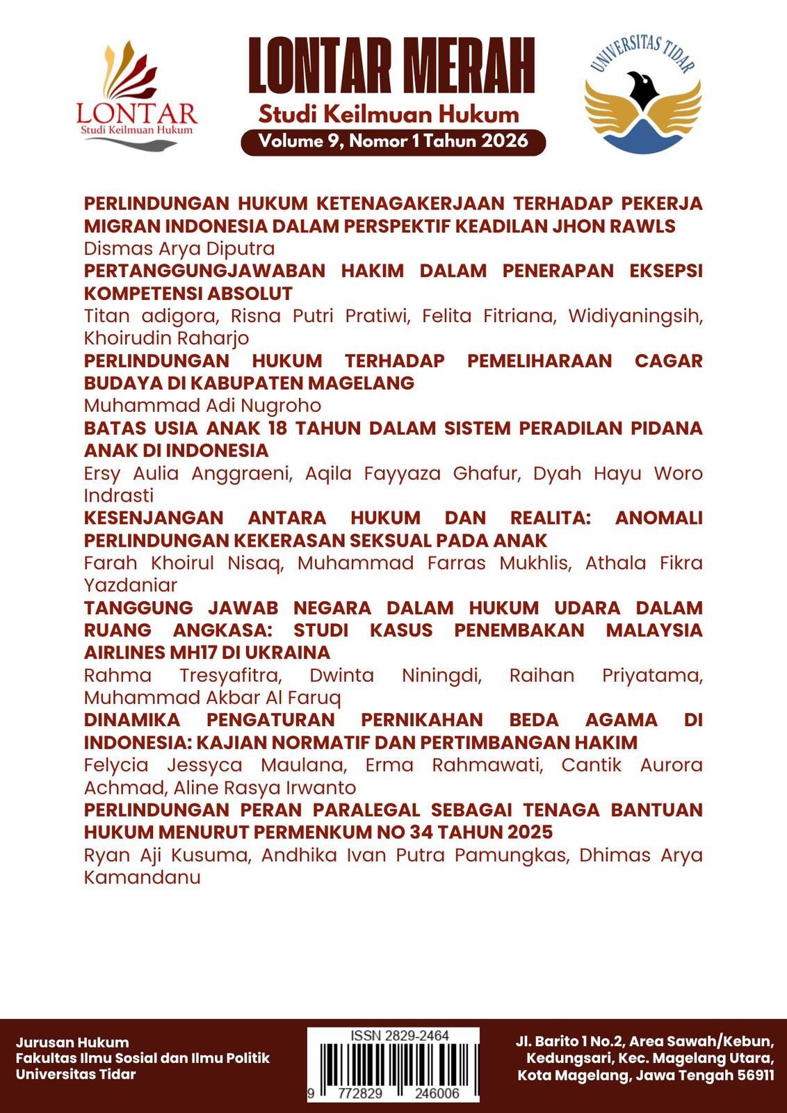 					View Vol. 9 No. 1 (2026): Ilmu Hukum
				